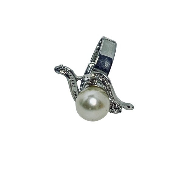 Adjustable Silver Tone Faux Pearl And Clear Rhinestone Statement Ring (R452) - Picture 5 of 6